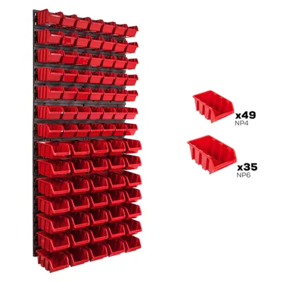 A wall-mounted storage system with multiple red bins, shown alongside examples of two different bin sizes with quantity labels.