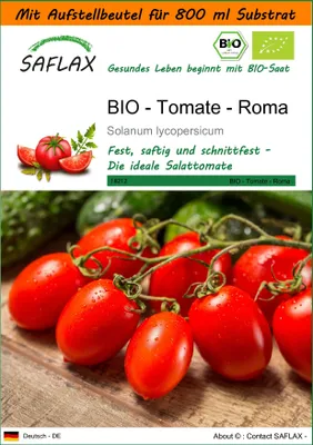 Produktbild von SAFLAX - Garden in the Bag - BIO - Tomate - Roma - 15 Samen - Mit Anzuchtsubstrat im praktischen, selbst aufstellenden Beutel - Solanum lycopersicum