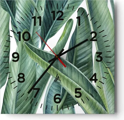 Produktbild von Wanduhr - Quadrat - Glasuhr - Exotisch Blätter Grün - 30x30cm - Schleichendes Uhrwerk - Lautlos - zum Aufhängen bereit - Dekoration Modern - Wanddekoration aus Glas - C4AC30x30-4258