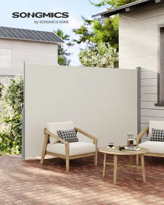 Obrázek produktu pro SONGMICS Boční markýza, zástěna, 180 x 350 cm, výsuvná, z polyesteru 220 g/m², ochrana proti slunci, neprůhledná, boční roleta, na balkon, terasu, zahradu, béžová GSA185T02