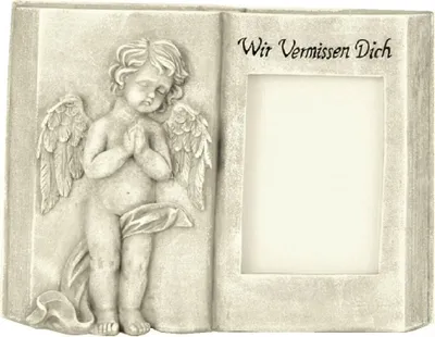 Produktbild von Grabschmuck Buch mit Engel Aufschrift Foto Fenster Trauerstein