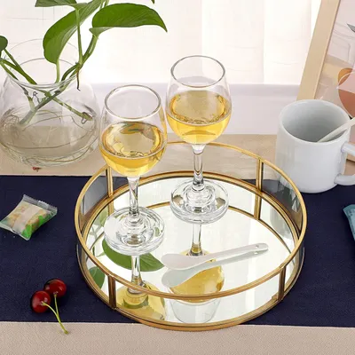 Produktbild von Rundes Metall-Glas-Tablett 24x5x24cm Goldfarben