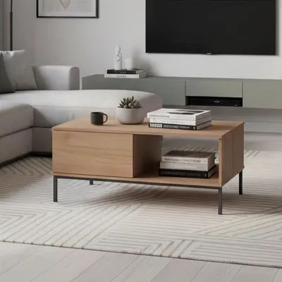 Produktbild von Couchtisch Dallas 100x60cm, Kaffeetisch mit Metallfuße, Rechteckiger Kaffeetisch (Farbe: Hikora)