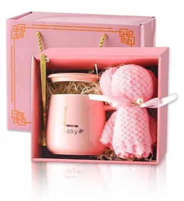 Productafbeelding van Gaveverpakking met koffiemokken en een handdoekbeer, voor dames, keramiek, roze