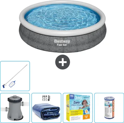 Zdjęcie produktu dla Okrągły nadmuchiwany basen Bestway - nadruk rattanowy - 366 x 76 cm - w tym markiza z pompką - pakiet konserwacyjny - filtr - zestaw do czyszczenia