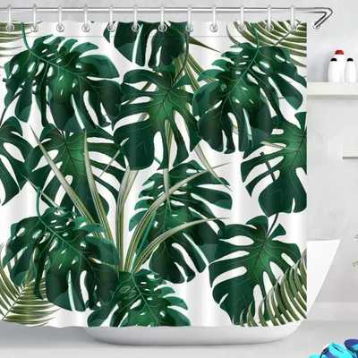 Produktbild von 180x200cm Duschvorhang Dunkel Grün Monstera Blätter Wasserdicht Anti Schimmel Weiß Polyester Badezimmer Vorhänge mit 12 Haken,Tropisch Dschungel Pflanze