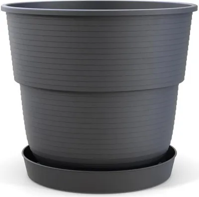 Produktbild von Plastard Blumentopf Milano 32 cm Durchmesser mit passenden Untersetzer Farbe Anthrazit Übertopf Blumenkübel für Garten Balkon Terrasse Pflanztopf