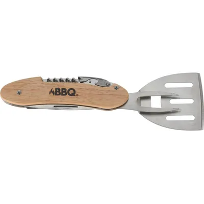 A multi-tool for BBQ with a spatula and fork attachment.