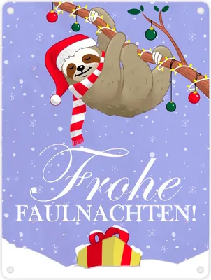 Produktbild von Frohe Faulnachten Metallschild in 15x20 cm mit süßem weihnachtlichem Faultier