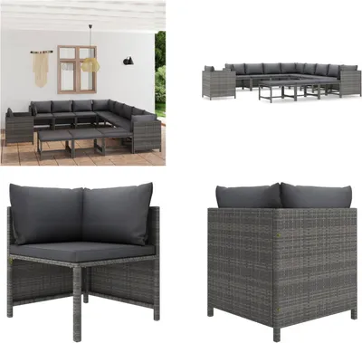 Produktbild von vidaXL 12 tlg. Garten Lounge Set mit Kissen Poly Rattan Grau - Garten-Lounge-Set - Garten-Lounge-Sets - Gartenmöbel - Gartenmöbel-Set