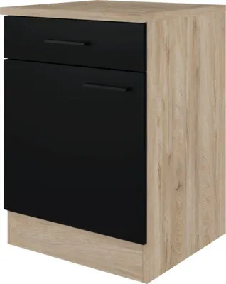 Produktbild von Flex Well Unterschrank mit Schublade und Drehtür Capri BxTxH 60 x 60 x 85 cm schwarz matt antifingerprint zerlegt Anschl