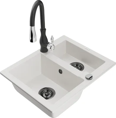 Produktbild von Mexen Carlos 1,5-Becken-Granitspüle mit Mischbatterie Savita, Weiß - 6518-20-672601-70