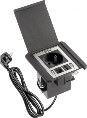 Obrázok produktu pre GTV – zásuvka na nábytok FLIP, zabudovateľná zásuvka, 1x francúzska zásuvka, 2x USB A, 1x RJ45, 1x HDMI, dĺžka kábla 1,5 m, farba čierna, pre písacie stoly, stolové dosky, kuchyne a kancelárie