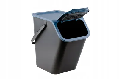 A black and blue kitchen bin with its lid open, shown against a white background.