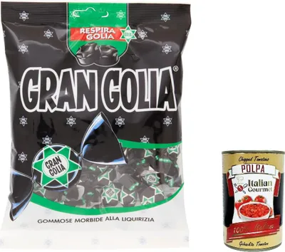Produktbild von 6x Golia Gran Golia Weiche Gummibonbons mit Lakritzgeschmack, Süßigkeiten 180 gr + Italian Gourmet polpa 400g
