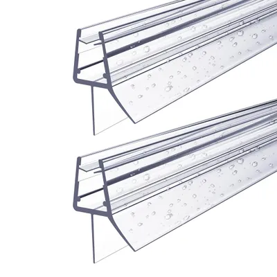Two clear plastic shower door seals with water droplets on them, shown against a white background.