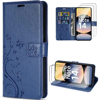Image de Coque et 2 Verres Trempés pour Xiaomi Redmi Note 14 5G, Protection Effet Cuir Bleu Marine Motif Papillon