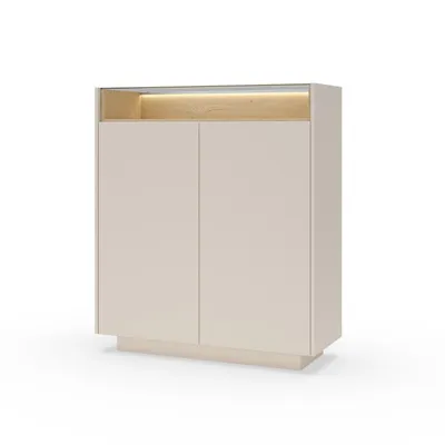 Produktbild von BETTSO Hohe Kommode für das Wohnzimmer KIRO zweitürig mit Glasplatte LED Beige + Cremona Eiche