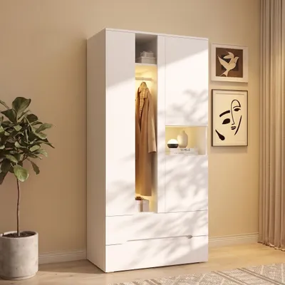 Productafbeelding van Kledingkast met kledingroede, garderobe met LED-verlichting en lades, hoge kast met opbergvakken, 90 x 50 x 200 cm, wit, hout + glas, AI-gegenereerde afbeelding