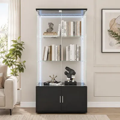 Zdjęcie produktu dla Szkleniana witryna INONEFT z oświetleniem LED, szafka witrinowa z podwójnymi drzwiami, 4 półkami i zamkiem, wykonana ze szkła hartowanego, z ukrytą przestrzenią do przechowywania, wymiary: 78 x 35 x 164 cm, kolor: czarno-biała, Obraz wygenerowany przez AI