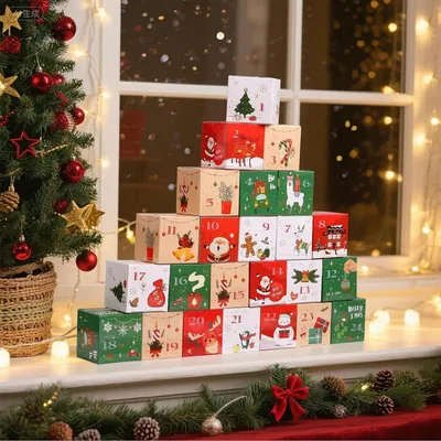 Produktbild von Adventskalender 24 Boxen zum Befüllen Kinder rot grün weiß