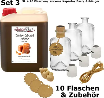 Produktbild von Butter Scotch Likör 5L inkl. 10 Flaschen, Korken, Kapseln, Bast & Anhänger! Sehr aromatisch bonbonartig & lecker 18% Vol.