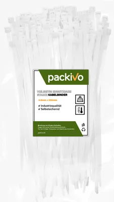 Produktbild von PACKIVO Profi Kabelbinder 4,8 x 200mm Weiss weiß schwarz extra starke Kabelbinder Industriequalität Zugfestigkeit 22Kg für Kabelmanagement, DIY