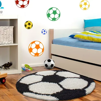 Produktbild von Fun Shaggy fußball kinderzimmer teppich hochflor rund Ø 100cm schwarz