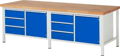 Produktbild von Werkbank mit 2 Schränke - 6 Schubladen - Teilauszug - 180:6 - höhenverstellbar 840-1.040 mm - 2.500 x 900 mm (BxT) - Traglast 1.250 kg - Buche