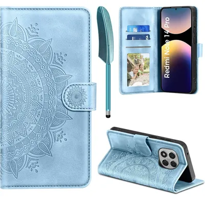 Zdjęcie produktu dla Etui typu flip wallet do telefonu Xiaomi Redmi Note 14 Pro 5G, wykonane z materiału przypominającego skórę PU, w kolorze niebieskim, z przegródkami na karty i funkcją podstawki