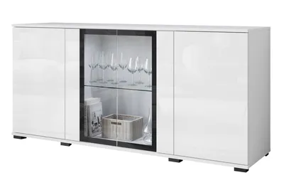 Image de MINIO go for it Commode, "FARO", 150 cm, 4 portes, portes vitrées, sans éclairage LED, blanc / blanc brillant couleur