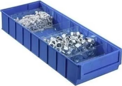 A blue storage bin with compartments filled with hardware.