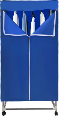 A blue foldable electric heated clothes rack with clothes hanging inside, shown from the front with the doors partially open.