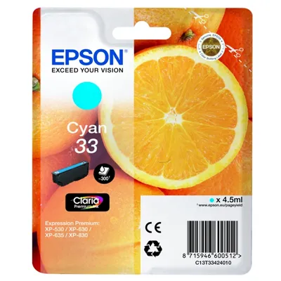 Produktbild von Epson Oranges Singlepack Cyan 33 Claria Premium Ink, Cyan, 4,5 ml, 1 Stück(e), 300 Seiten