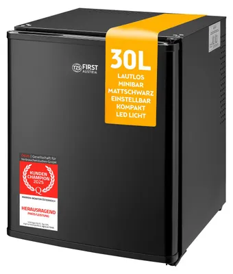 Produktbild von TZS First Austria - Mini Kühlschrank 30L komplett lautlos - wechselbarer Türanschlag & Innenbeleuchtung - Mattschwarz
