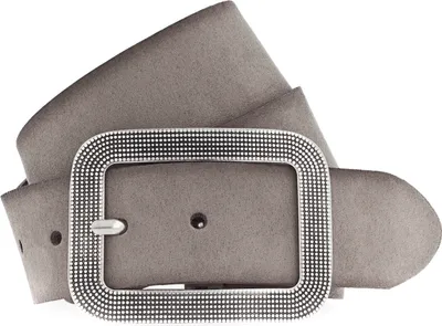 A close-up studio shot of a taupe belt with a decorative silver buckle.