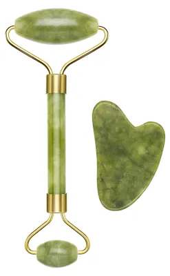 Produktbild von BEPER C301ABE101 Rolle und Stein Gua Sha in Jade, Jade Roller & Gua Sha Massagge Tool, Gesichts- und Körpermassage, entspannend, Entfernung und Alter,