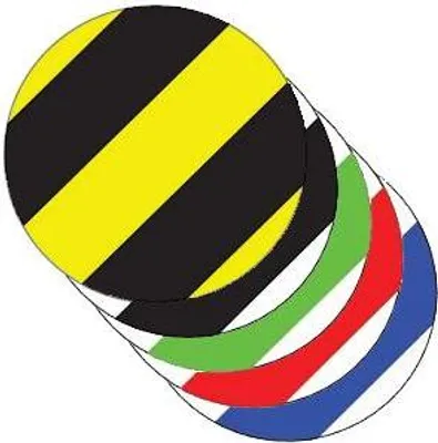 Produktbild von Punkt, gestreift 20 Stück Gelb & Schwarz  ø 6 cm  -  Bodenmarkierung mit glatter Oberfläche  - Gelb & Schwarz - Glatt - Polyvinyl chloride (PVC) - 0,99 mm - Innenbereich - DM183