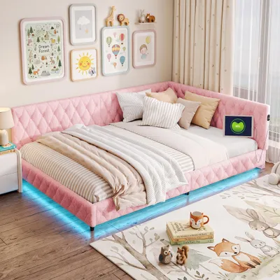 Produktbild von INONEFT Polsterbett 140 x 200 cm, Doppelbett mit L-förmigem Kopfteil und Lattenrost, Doppelbett mit USB und LED, kinderbett, Teddy-Stoff, rosa