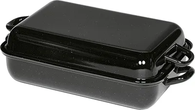 A black roasting pan with a lid, shown from a diagonal angle.