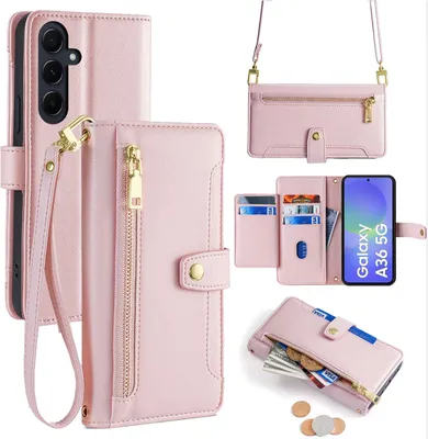 Produktbild von Handykette für Samsung Galaxy A36 Hülle mit Band Handyhülle Kartenfächer Kunstleder Umhängetasche in Rosa