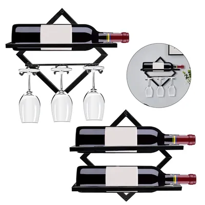 Produktbild von Weinregal Wand Metall, faltbarer Weinflaschenhalter & Weinglashalter, Küchen Bar Regal 2-in-1 Aufbewahrung, Flaschenhalter schwarz