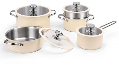 Zdjęcie produktu dla Zestaw naczyń kuchennych ze stali nierdzewnej, z powłoką ceramiczną, w kolorze beżowym, nadający się do użytku z płytami indukcyjnymi