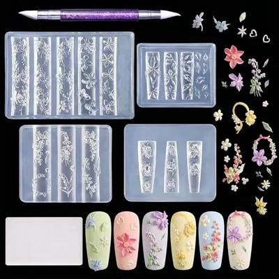 Produktbild von 4-teiliges Set für Nagelstempeln mit 3D-Gel und Silikonblumenstempeln für Nail Art