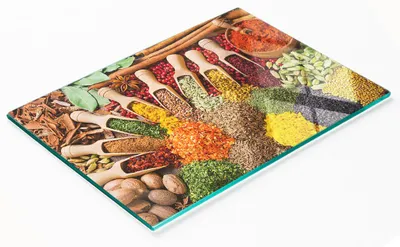 Produktbild von Dekoratives Küchenschneidebrett aus Glas, bunte Gewürze, 80 x 52 cm