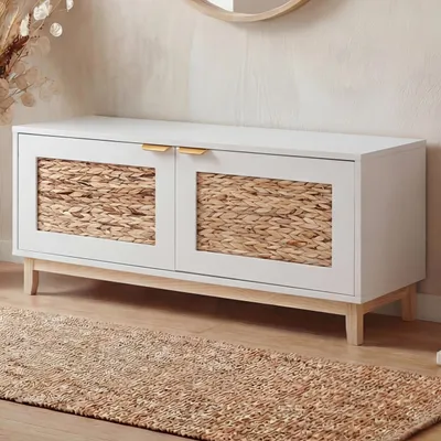 Image de Banc HWC-P54, banc de vestiaire, étagère à chaussures, rangement à chaussures, MDF mélaminé, façade en jacinthe d'eau, 45 x 100 x 42 cm ~ blanc