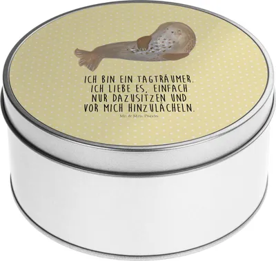 Produktbild von Mr. & Mrs. Panda Blechdose Robbe Lachen - Gelb Pastell - Geschenk, Seehund, Vorratsbehälter, Meerestier, Ostsee, Erinnerungsbox, Vorratsdose, Nordsee, Strand, Dose