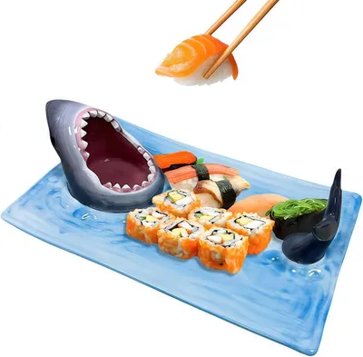 Produktbild von Sushi-Teller, Keramik-Boot-Serviertablett mit Dip-Sauce und Essstäbchenablage, Fisch-Servierplatte, lustige Hai Platte für Küche, Restaurant, Geschenk