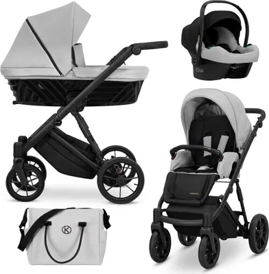 Produktbild von Kunert IVENTO 3in1 Kinderwagen in Grau mit schwarzem Rahmen und Zubehör