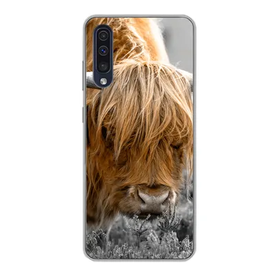 Produktbild von MuchoWow® Handyhülle Schutzhülle Hülle für Samsung Galaxy A30s Scottish Highlander - Pflanzen - Schwarz - Weiß Silikon Softcase Handy Hülle - Karteninhaber